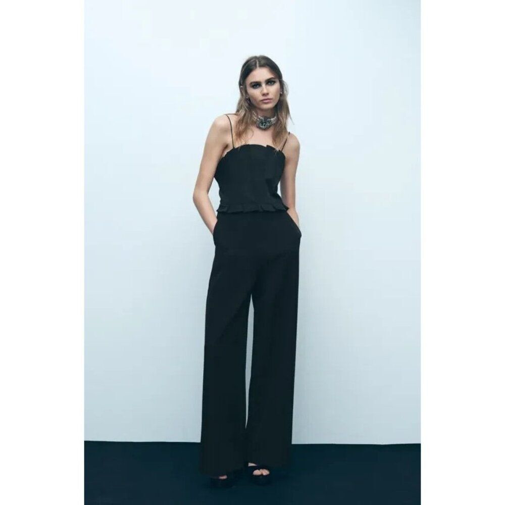 Zara Womens Jumpsuit L Black Crepe Wide Leg Spaghetti Straps 8741/275 NWOT